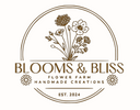Logo for Blooms & Bliss Flower Farm with floral design and text on a white background